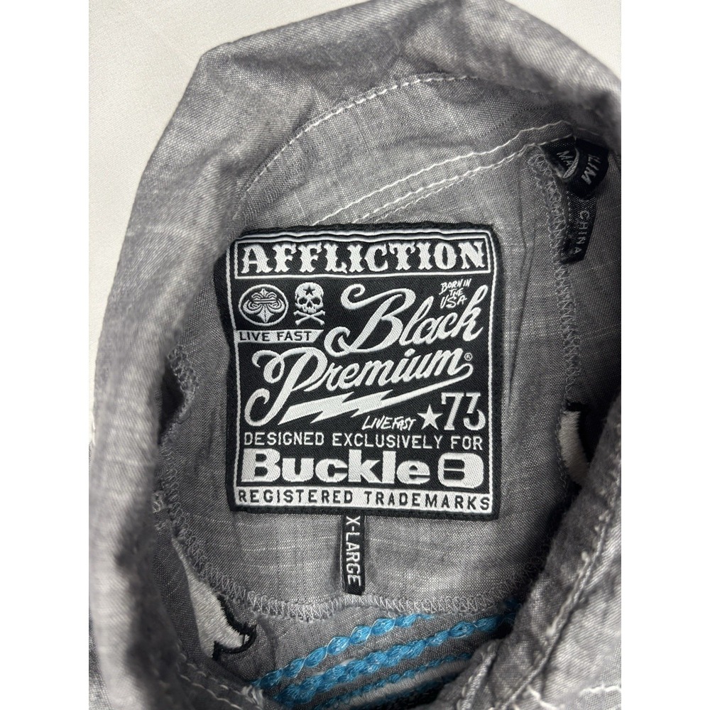 Affliction Shirt Mens XL Slim Gray Buckle Black Premium Embroidered Button Up - Picture 4 of 8